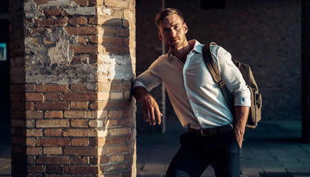 Portrait of a handsome young man in a white shirt with a backpack.の素材