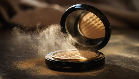 Makeup powder with a mirror on a dark background. Selective focus.の素材