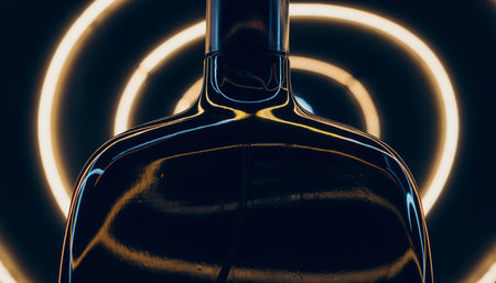 bottle of wine on a dark background with neon lights, close-upの素材