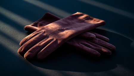 Leather gloves on a dark background, close-up of photoの素材
