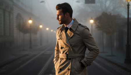 Portrait of a handsome young man in beige trench coat standing on the street at night.の素材