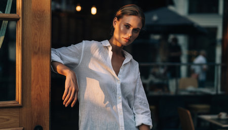 beautiful young woman in white shirt looking away while standing in cafeの素材
