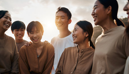 Group of asian friends standing together and smiling at the camera.の素材