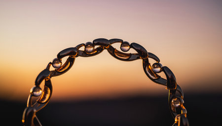 Wedding rings with water drops on the background of the setting sunの素材