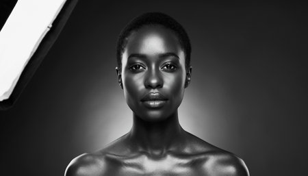 Black and white portrait of beautiful african american woman on grey backgroundの素材