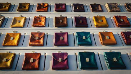 Collection of colorful handbags in a shop window. Selective focus.の素材
