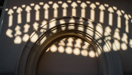 Shadow on the window of an old church in the morning light.の素材