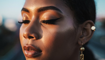 Close-up portrait of a beautiful african american woman with eyelash extensionsの素材