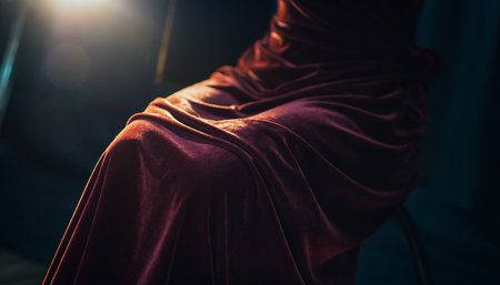Buddhist monk in a dark room, close-up.の素材