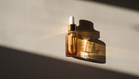 Amber glass dropper bottle with pipette on white background with sunlightの素材