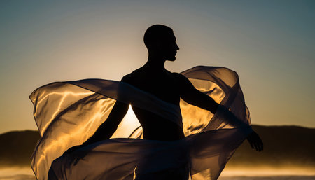 Silhouette of a man with a scarf on the beach at sunsetの素材