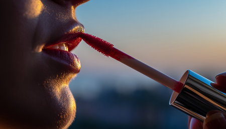 Close-up of a woman applying lipstick on her lips at sunsetの素材