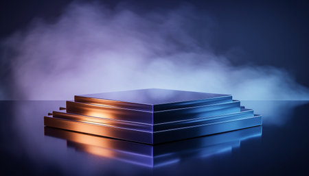 Stage podium with smoke on dark blue background. 3D Renderingの素材