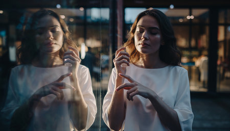 beautiful young girl in white dress looking at mirror while standing in cafeの素材