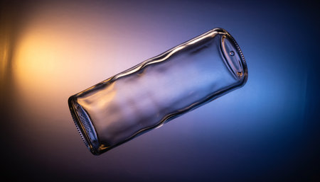 Empty glass bottle on a dark background with a lighted backlightの素材