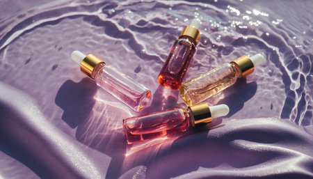 Transparent glass bottles with red liquid on purple background, top viewの素材