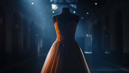 Wedding dress on a mannequin in a dark roomの素材