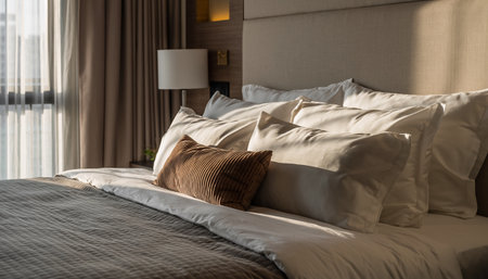 Beautiful luxury hotel bedroom with set of pillows on bed, interior design conceptの素材