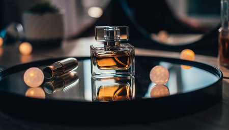 Bottle of perfume on the table with mirror in the background.の素材