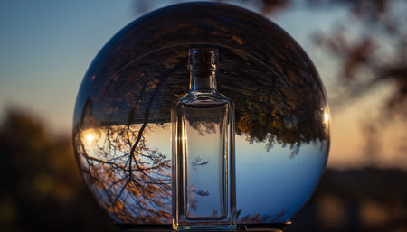 Glass sphere with bottle of perfume on the background of the sunset.の素材