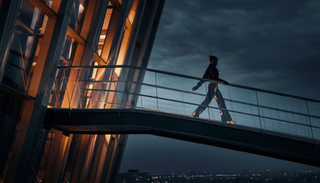 Silhouette of businesswoman walking on the bridge over the riverの素材