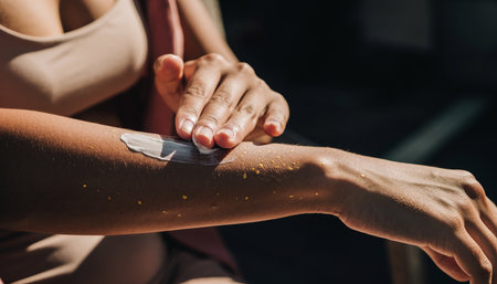 Close up of a woman applying sunscreen on her arm. Sun protection concept.の素材