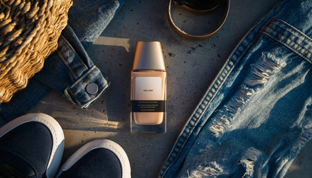 top view of woman's accessories and perfume bottle on concrete background.の素材