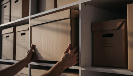 Close-up of a man's hand taking a box from a shelfの素材