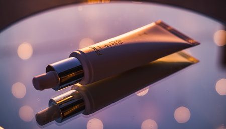 Luxury cosmetic products on a glass table with bokeh backgroundの素材