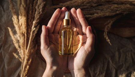 top view of female hands holding bottle of natural serum on sackclothの素材