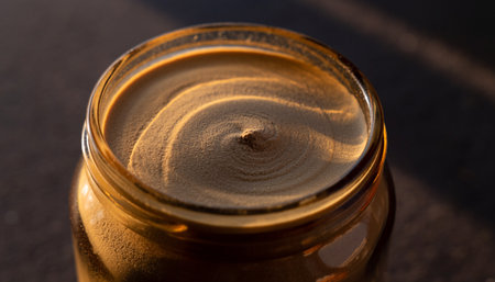 Close up of a glass jar with brown sugar on a black backgroundの素材