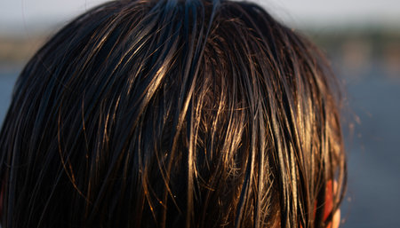 Close-up of a child's hair in the summer sun.の素材