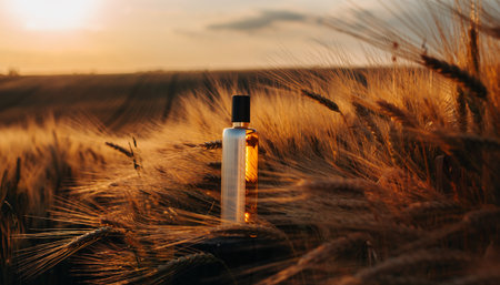 Perfume bottle on the background of a wheat field at sunsetの素材