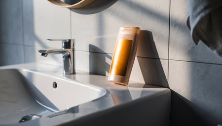 close-up view of man holding bottle of shampoo near sink in bathroomの素材