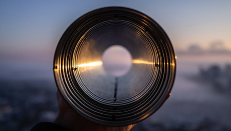 Camera lens on the background of the city at sunset. Close-upの素材