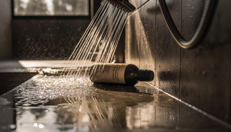 Bottle of hair vitamin under running shower in bathroom. Selective focusの素材