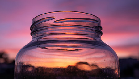 A closeup shot of a glass jar with a beautiful sunset in the backgroundの素材