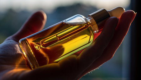 Close up of a bottle of oil in the hand of a womanの素材
