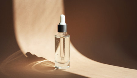 Cosmetic bottle with pipette on brown background with sunlight and shadowsの素材