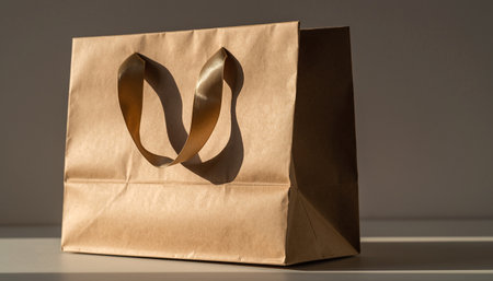 Brown paper bag with gold ribbon on gray background. Shopping concept.の素材