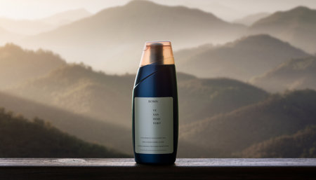 Mockup of a bottle of shampoo on a wooden table against the background of mountainsの素材