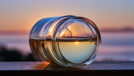 Glass of white wine on a wooden table against the background of sunsetの素材