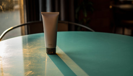 Blank cosmetic tube on a table in a cafe. Shallow depth of field.の素材