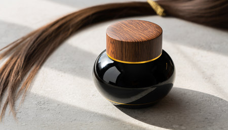 Wooden hair shampoo bottle on concrete background. Hair care concept.の素材