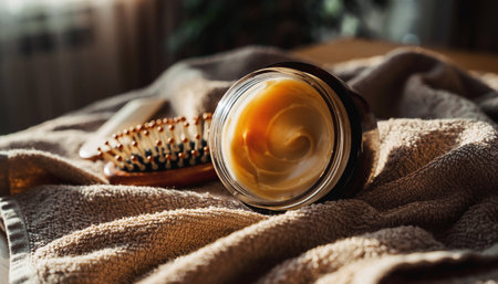 Cream in a jar with a comb on a beige backgroundの素材