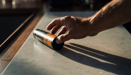 Close-up of a bartender's hand holding a steel thermosの素材