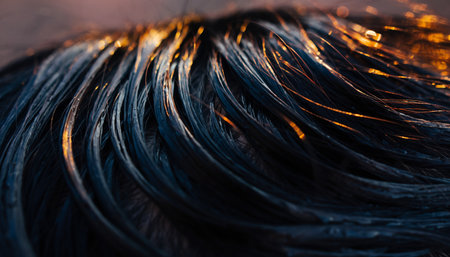 Close up of strands of black hair with bokeh lights.の素材