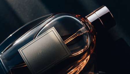 Bottle of perfume on dark background, close-up. Luxury fragranceの素材
