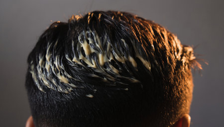 Close up of a man's hair with a strand of hair.の素材