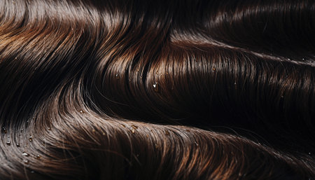 Wavy hair texture background. Close up of beautiful brown hair.の素材